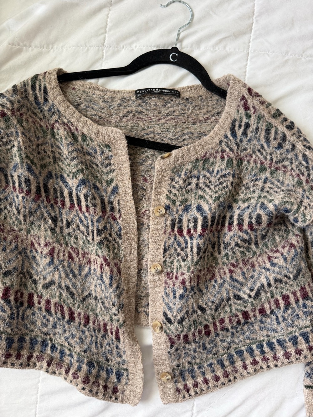 Peruvian Connection Beige Cropped Fair Isle Button Cardigan